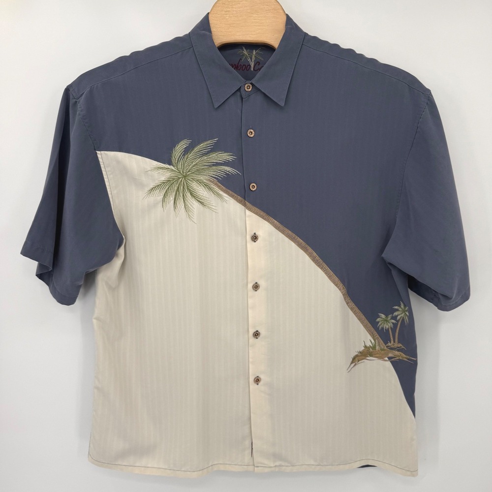 Bamboo Cay Button Down Shirt Men XXL Blue Cream Embroidered Palm Tree Camp Shirt